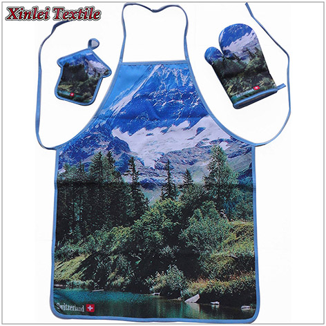 polyester scenery 3pcs kitchen set apron&oven mitten&potholder.JPG